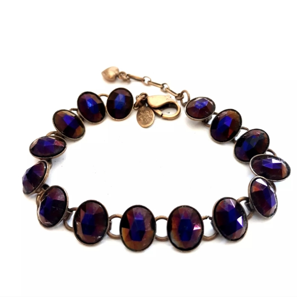 Kirks Folly Deep Purple Crystal Station Bracelet Antiqued Gold Tone Heart Charm
